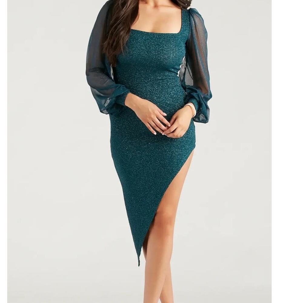 WINDSOR Teal Green Make It Shimmer Glitter Asymmetric Sheer Midi Dress Small